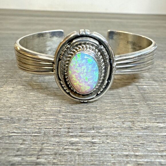 Amazing Vtg Leonard L James Opal Navajo Sterling Silver 925 Native Cuff Bracelet